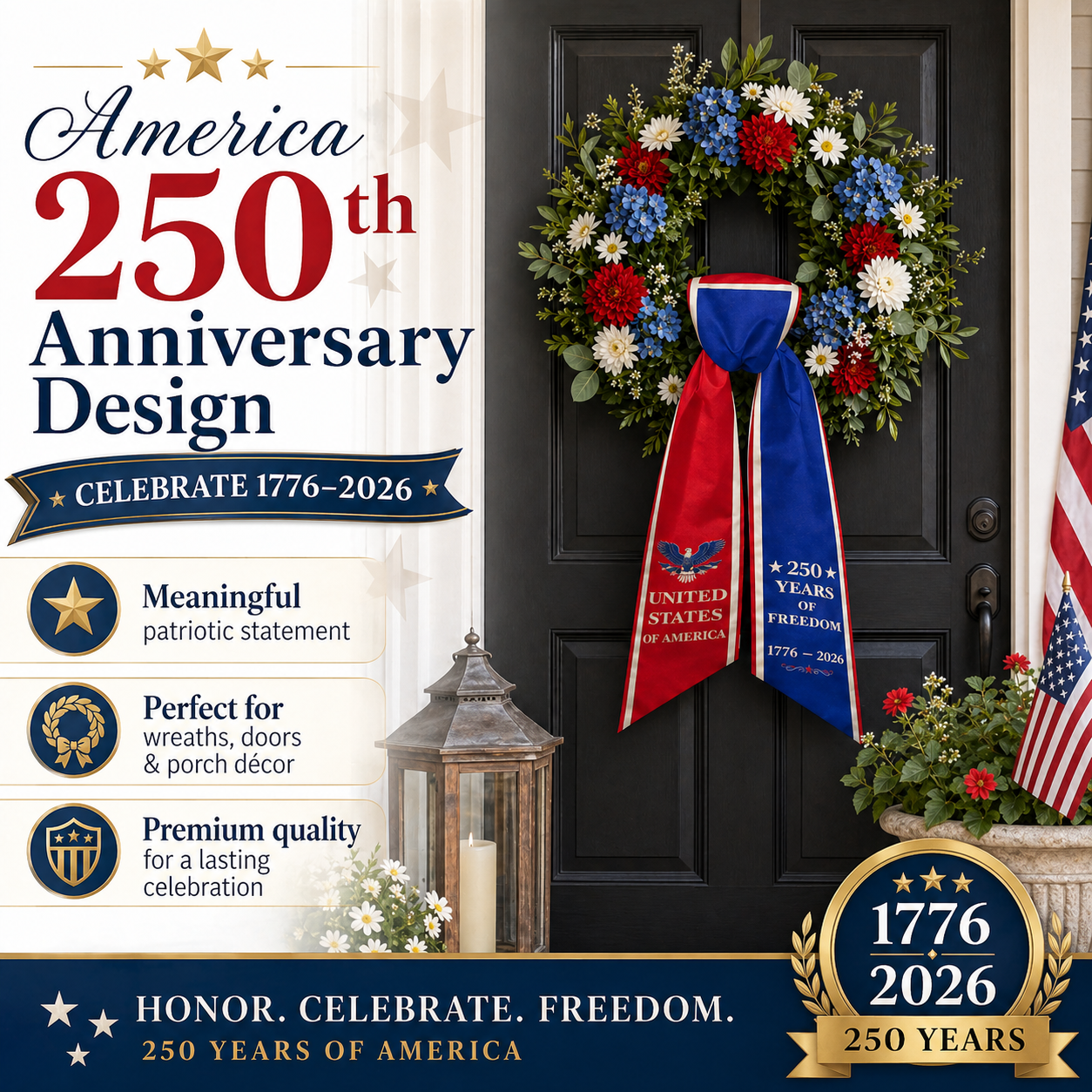 America 250th Anniversary Patriotic Wreath Ribbon Bow