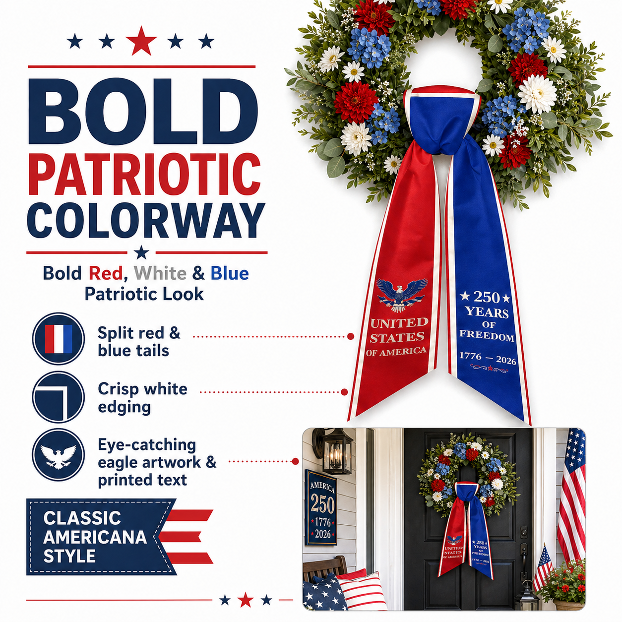 America 250th Anniversary Patriotic Wreath Ribbon Bow