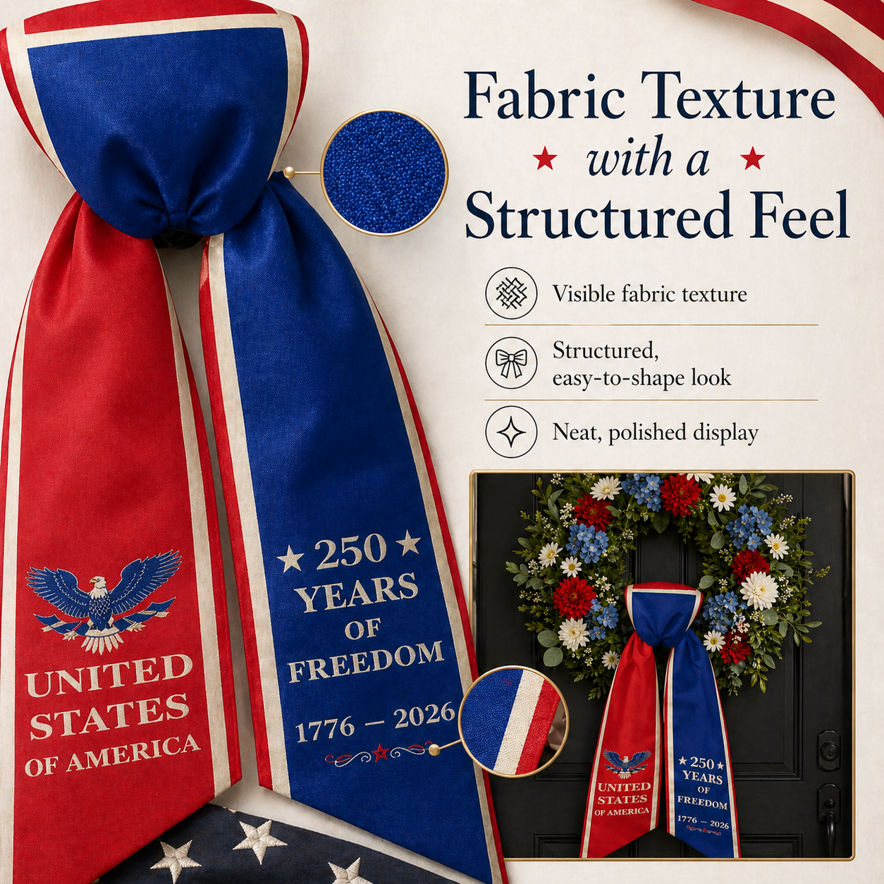America 250th Anniversary Patriotic Wreath Ribbon Bow