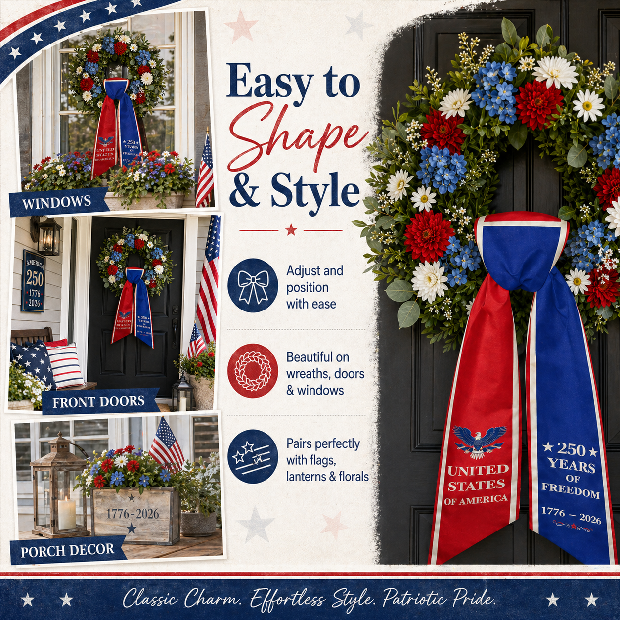 America 250th Anniversary Patriotic Wreath Ribbon Bow