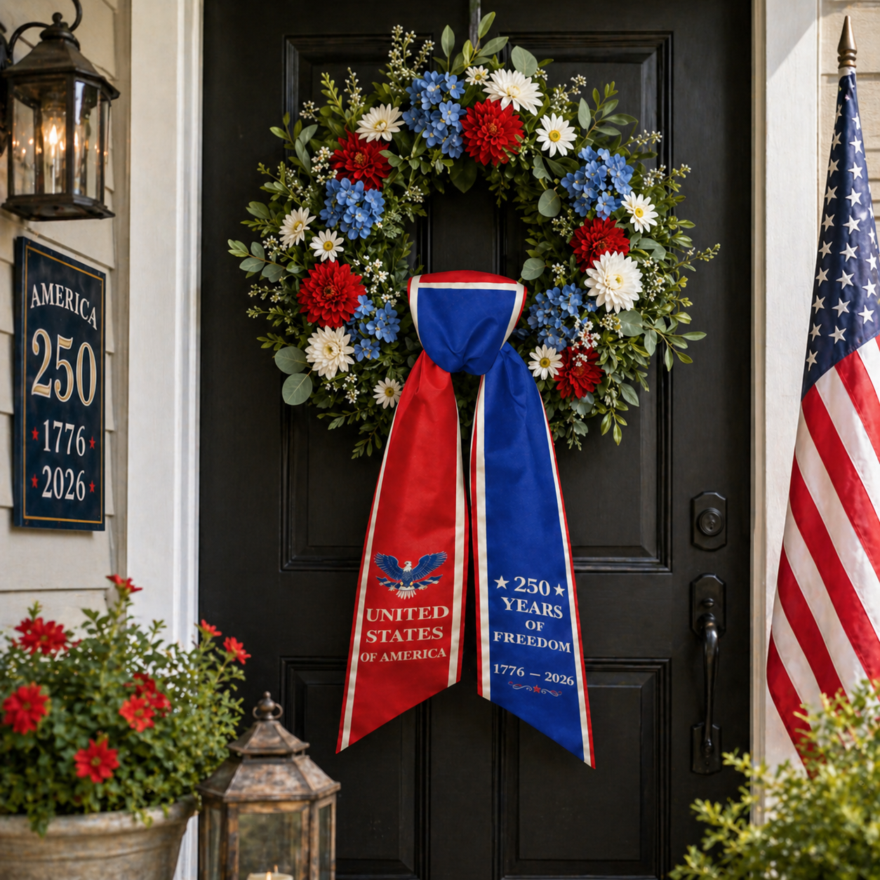 America 250th Anniversary Patriotic Wreath Ribbon Bow