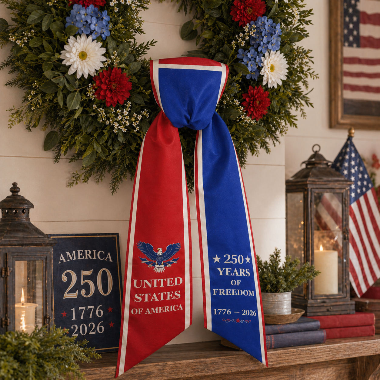 America 250th Anniversary Patriotic Wreath Ribbon Bow