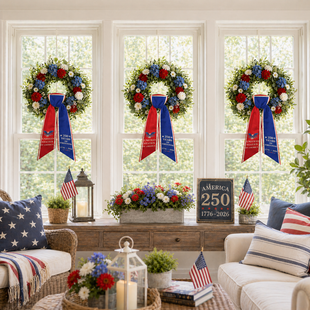 America 250th Anniversary Patriotic Wreath Ribbon Bow