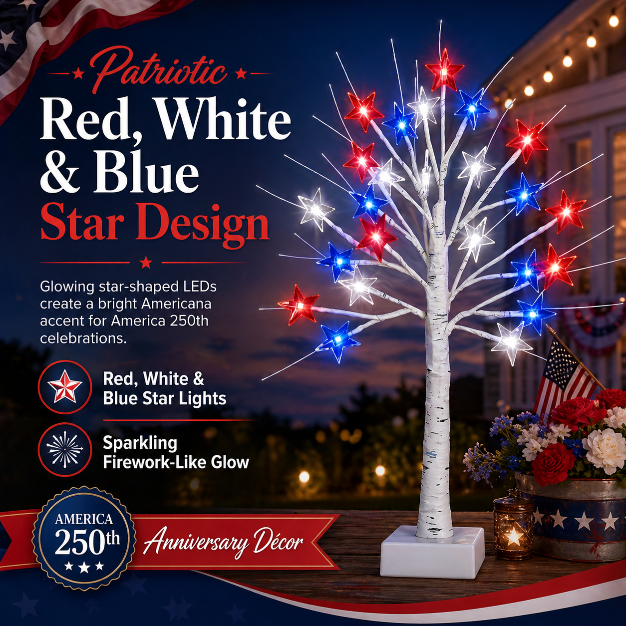 Patriotic Star LED Birch Tree Light