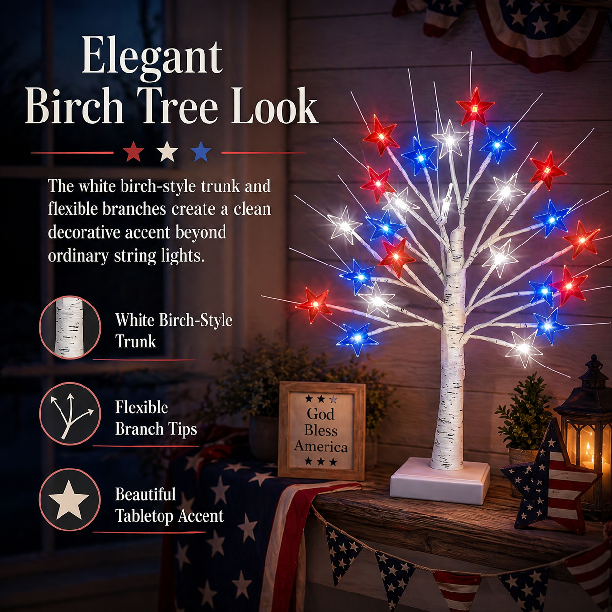 Patriotic Star LED Birch Tree Light
