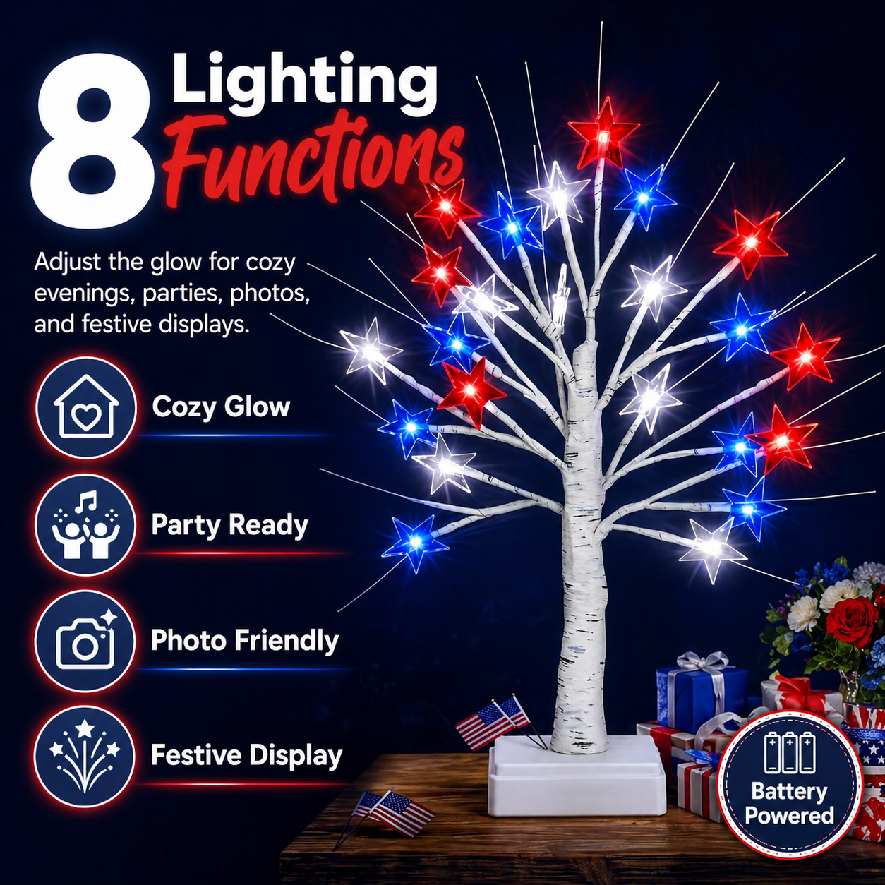 Patriotic Star LED Birch Tree Light