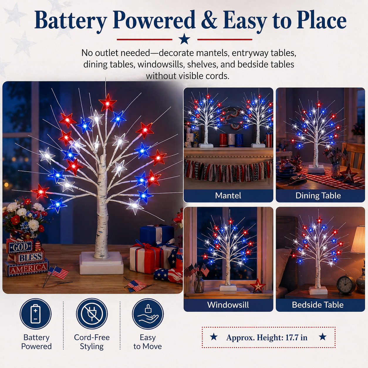 Patriotic Star LED Birch Tree Light