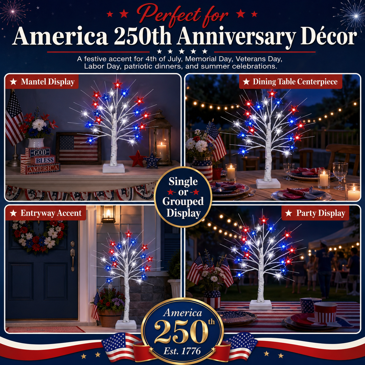 Patriotic Star LED Birch Tree Light