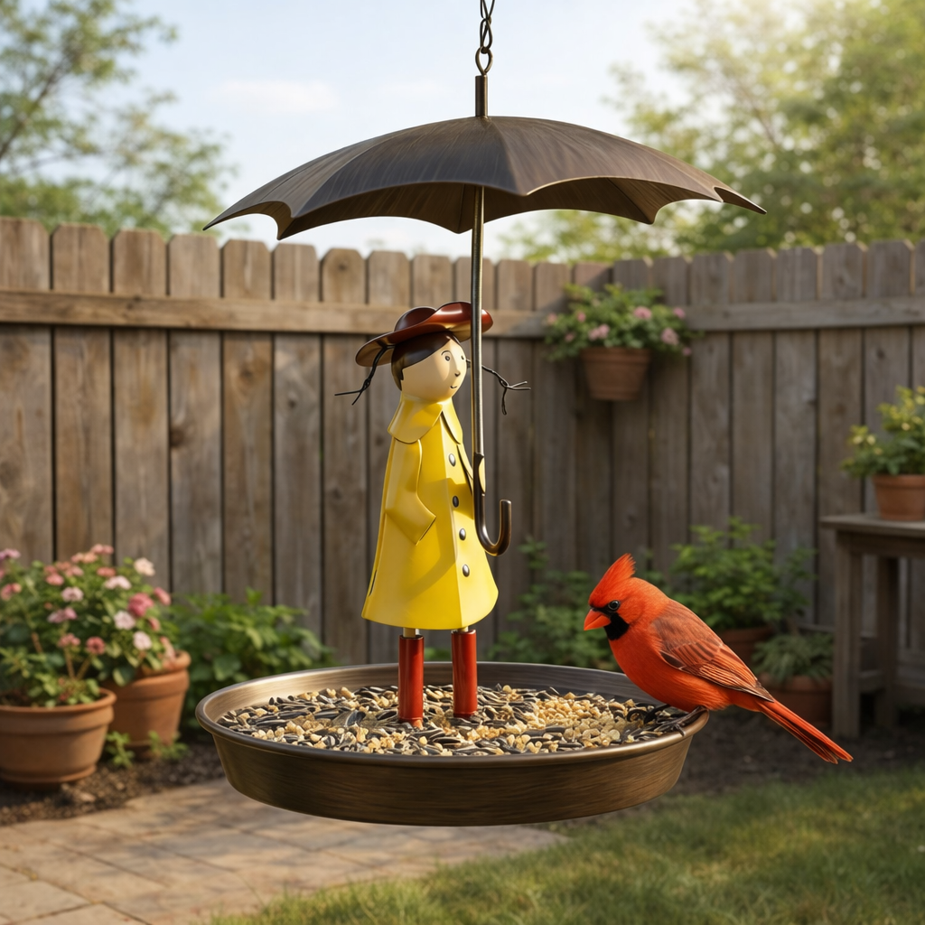 Whimsical Raincoat Girl Hanging Bird Feeder & Bird Bath