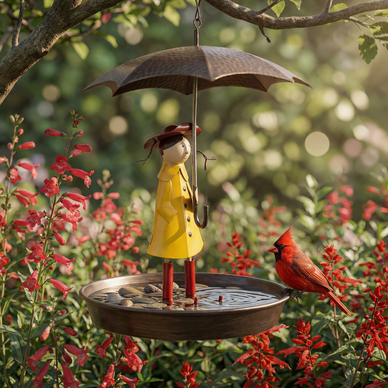 Whimsical Raincoat Girl Hanging Bird Feeder & Bird Bath