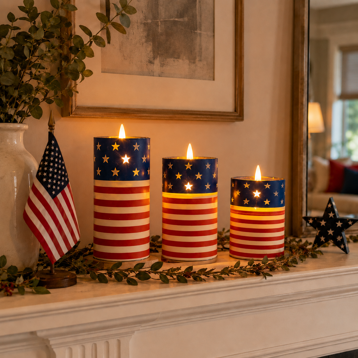 Patriotic Flickering Flameless Candles with Remote – Set of 3