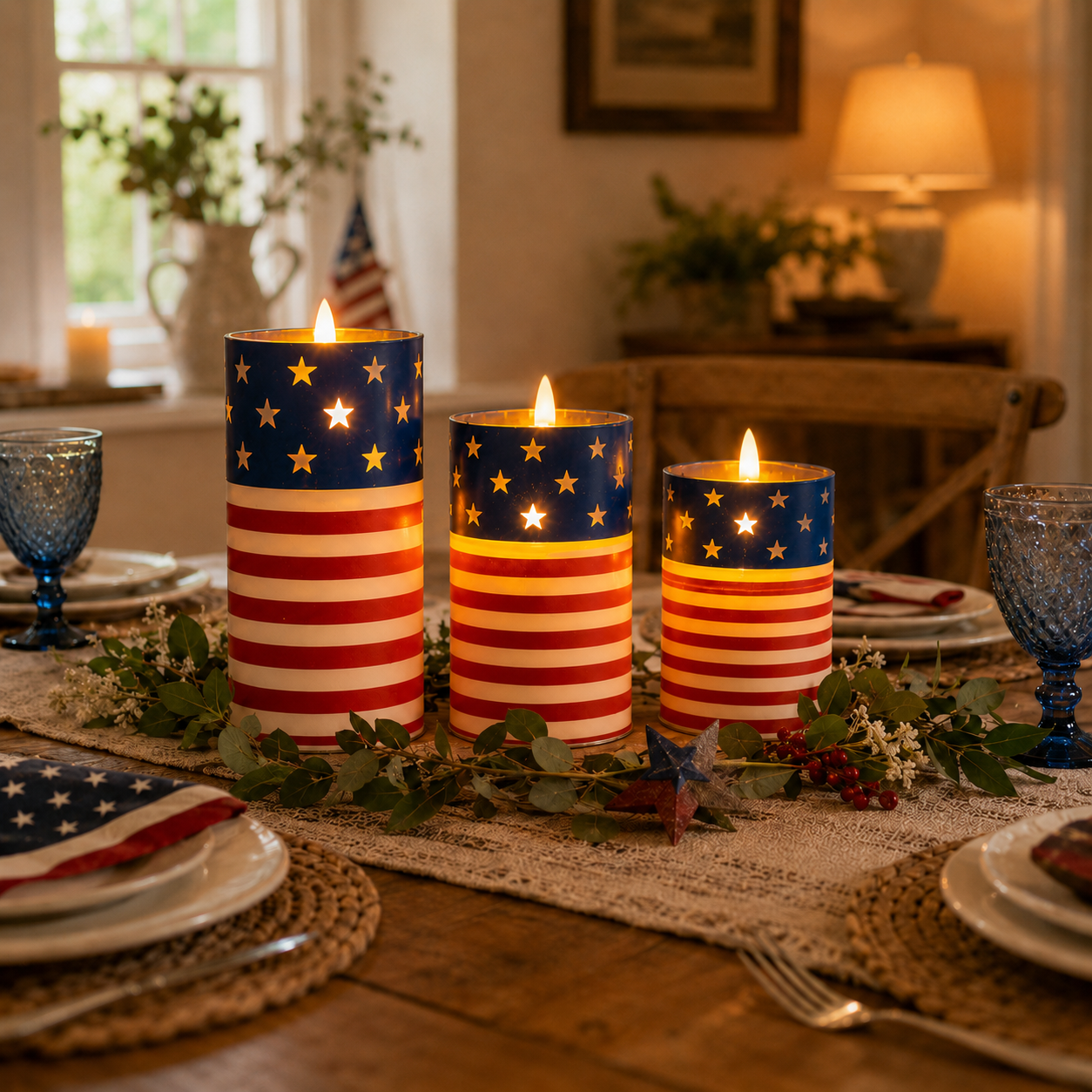 Patriotic Flickering Flameless Candles with Remote – Set of 3