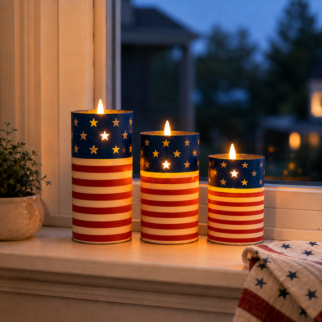 Patriotic Flickering Flameless Candles with Remote – Set of 3