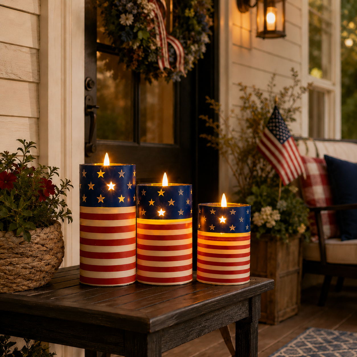 Patriotic Flickering Flameless Candles with Remote – Set of 3