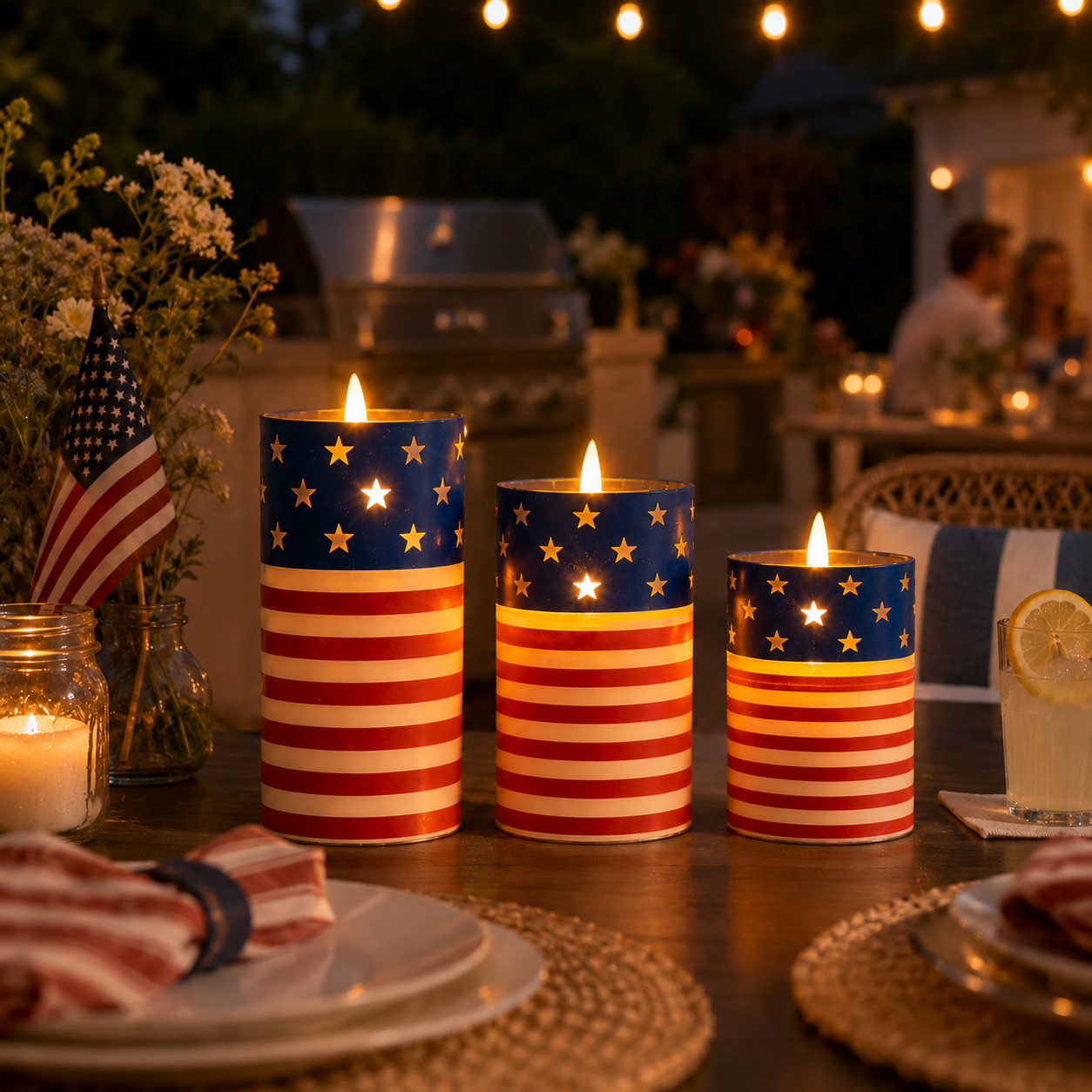 Patriotic Flickering Flameless Candles with Remote – Set of 3