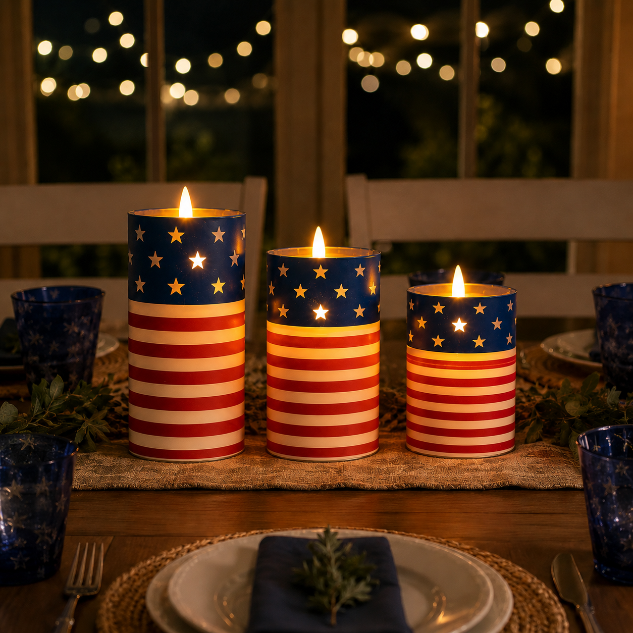 Patriotic Flickering Flameless Candles with Remote – Set of 3