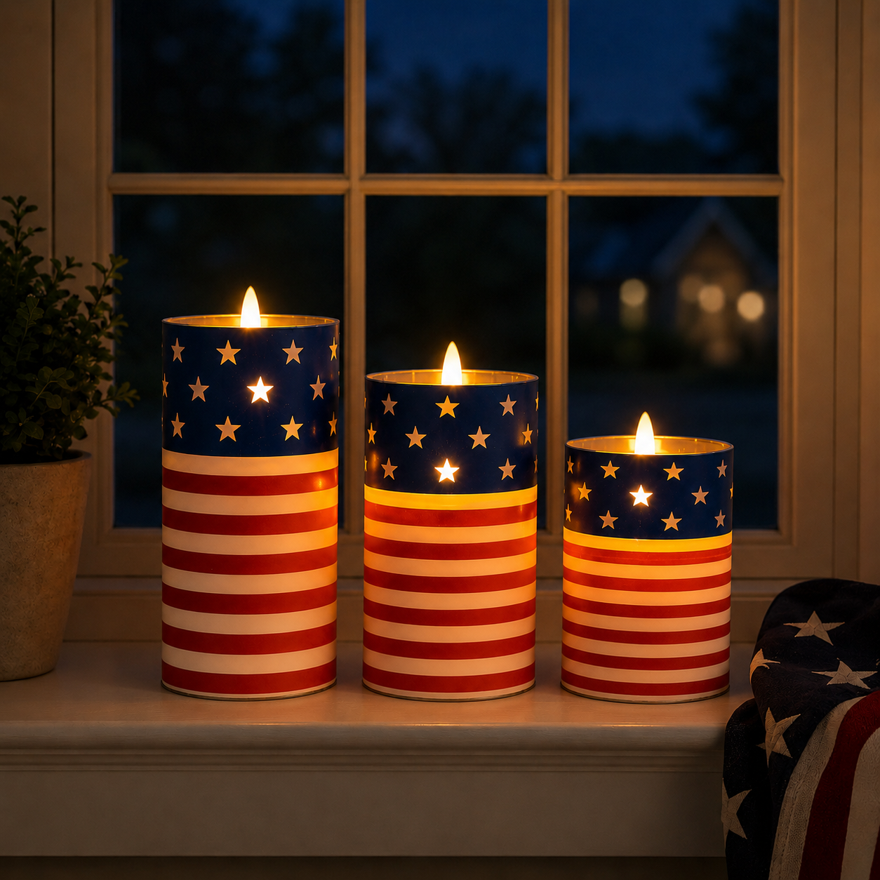 Patriotic Flickering Flameless Candles with Remote – Set of 3