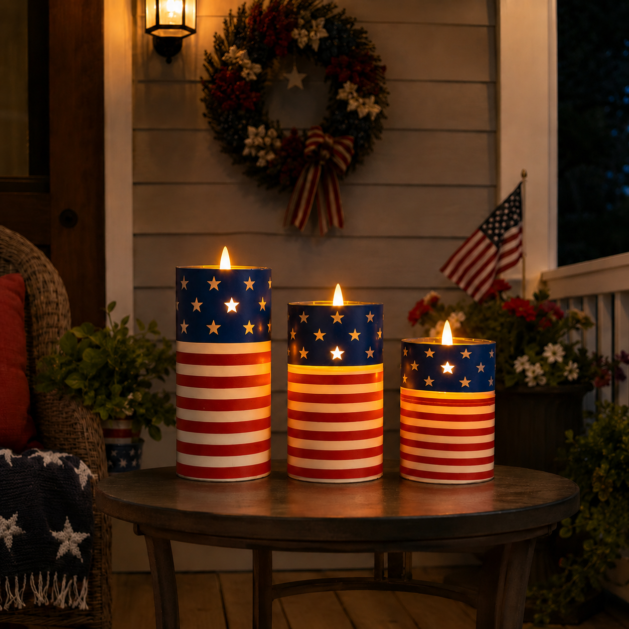 Patriotic Flickering Flameless Candles with Remote – Set of 3