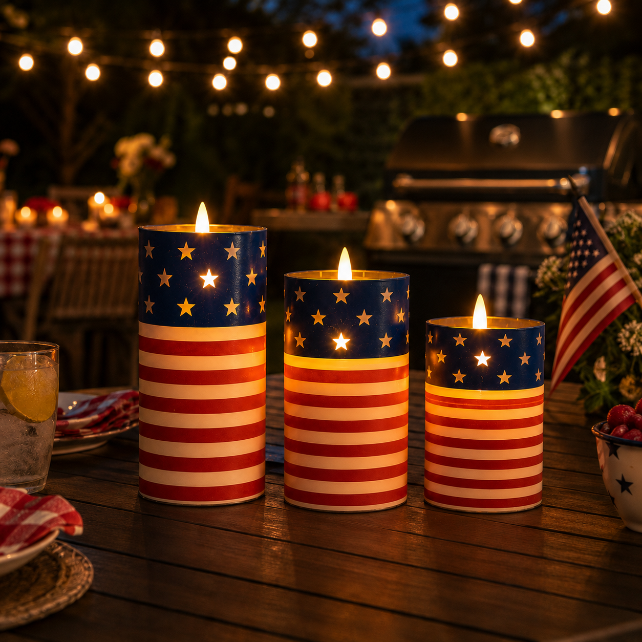 Patriotic Flickering Flameless Candles with Remote – Set of 3