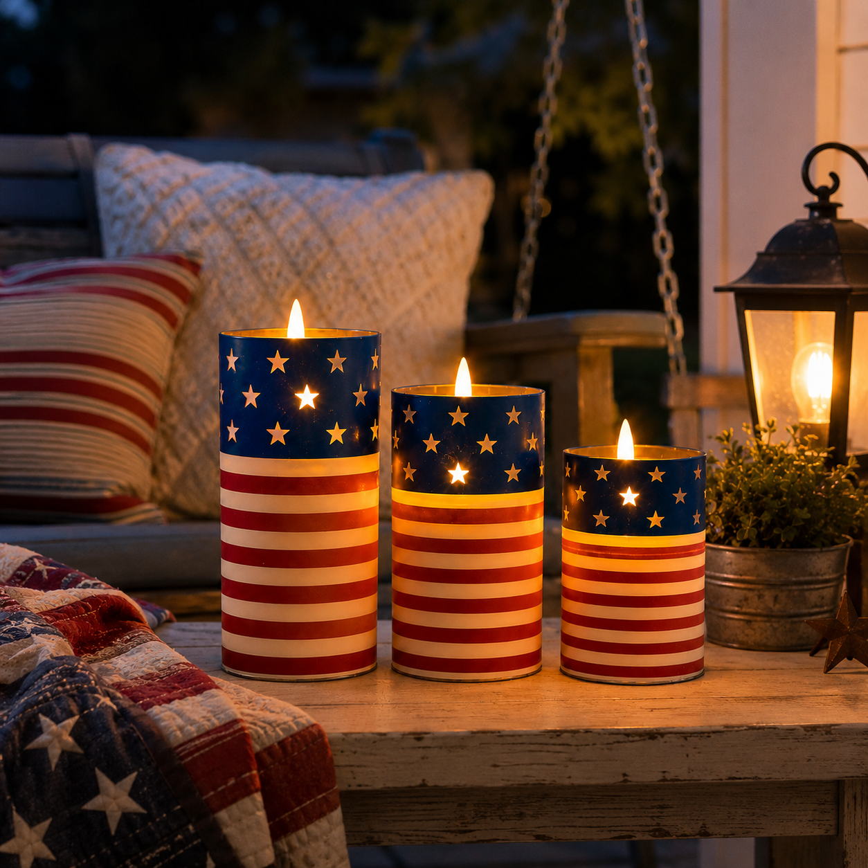 Patriotic Flickering Flameless Candles with Remote – Set of 3