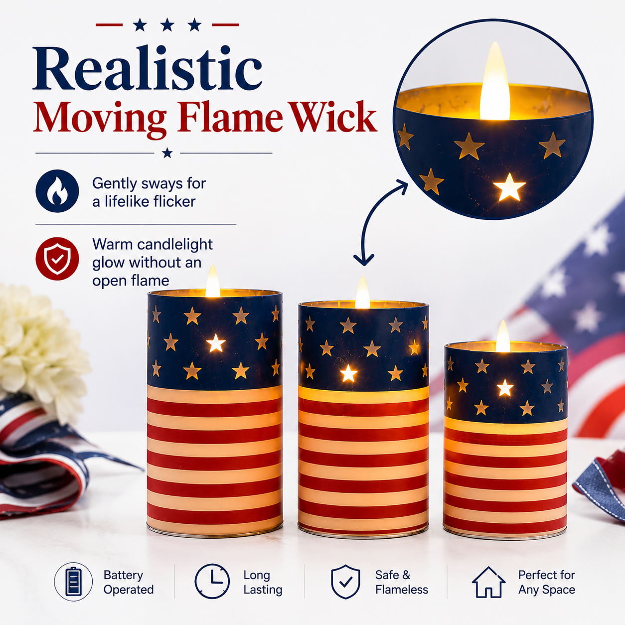 Patriotic Flickering Flameless Candles with Remote – Set of 3