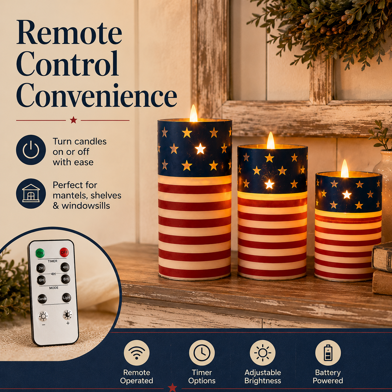 Patriotic Flickering Flameless Candles with Remote – Set of 3