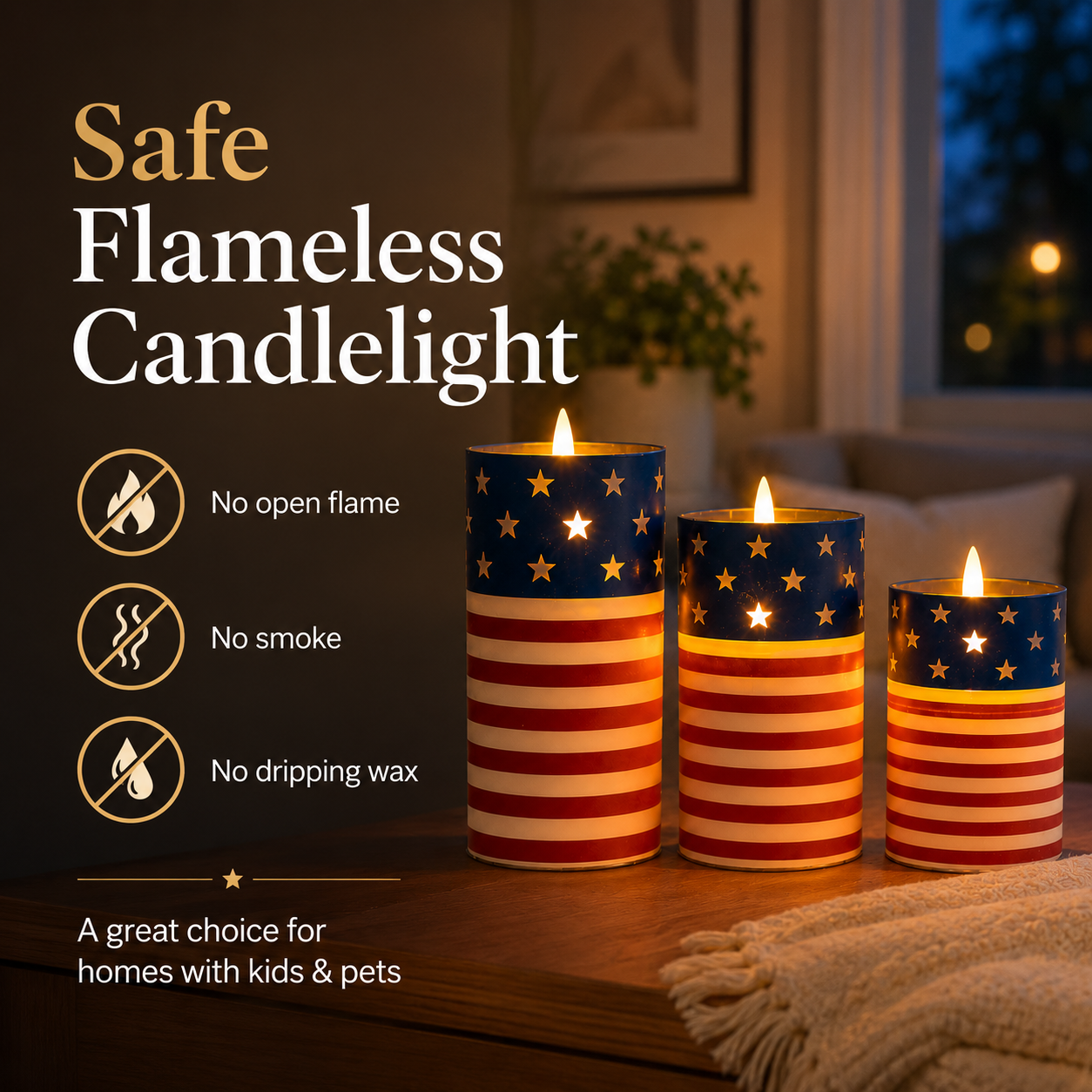 Patriotic Flickering Flameless Candles with Remote – Set of 3