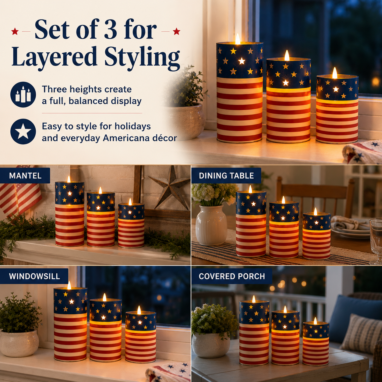 Patriotic Flickering Flameless Candles with Remote – Set of 3