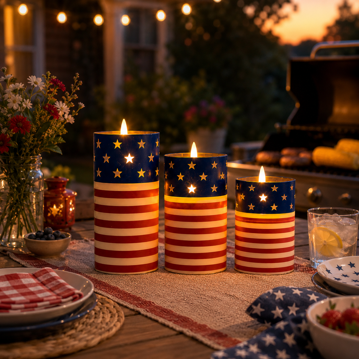 Patriotic Flickering Flameless Candles with Remote – Set of 3