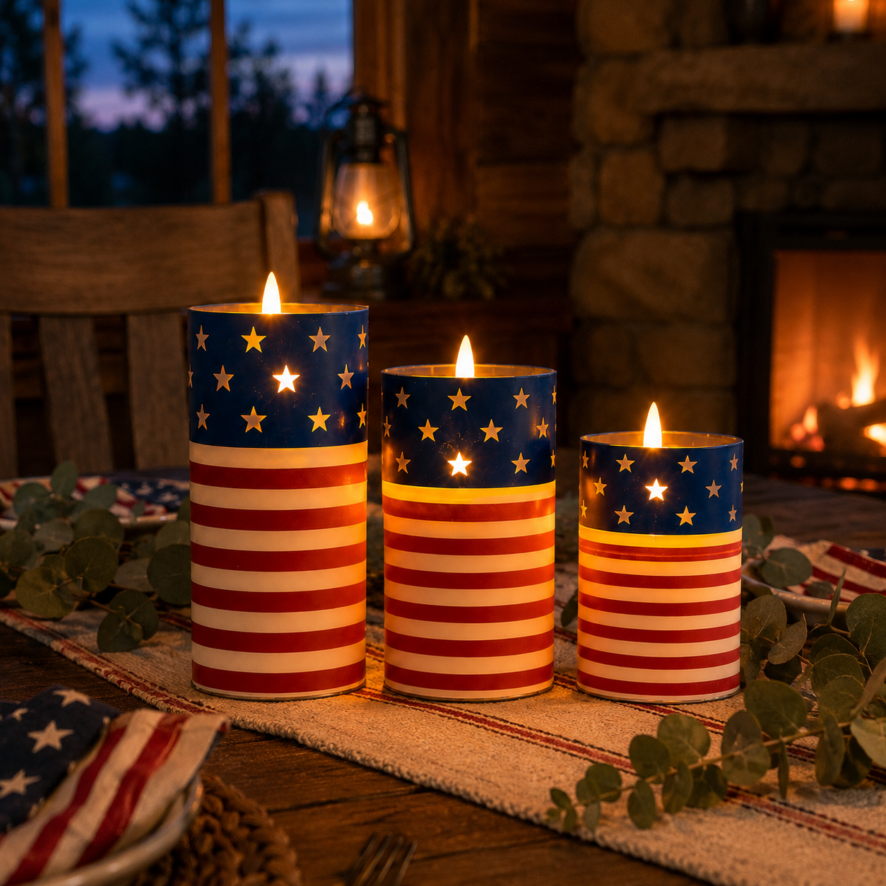 Patriotic Flickering Flameless Candles with Remote – Set of 3