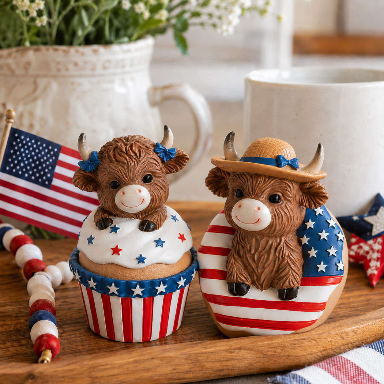 Patriotic Highland Cow Tabletop Figurines