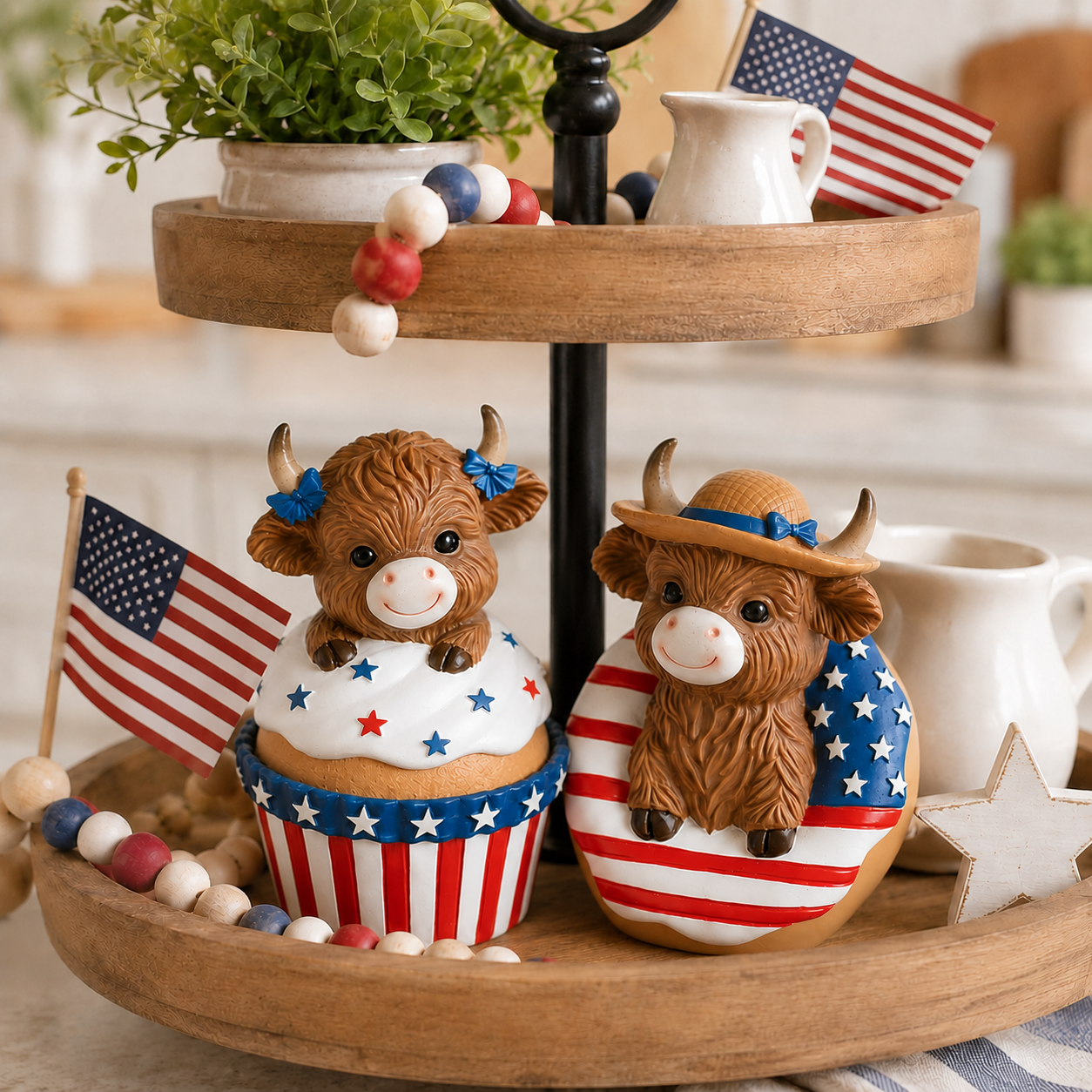 Patriotic Highland Cow Tabletop Figurines