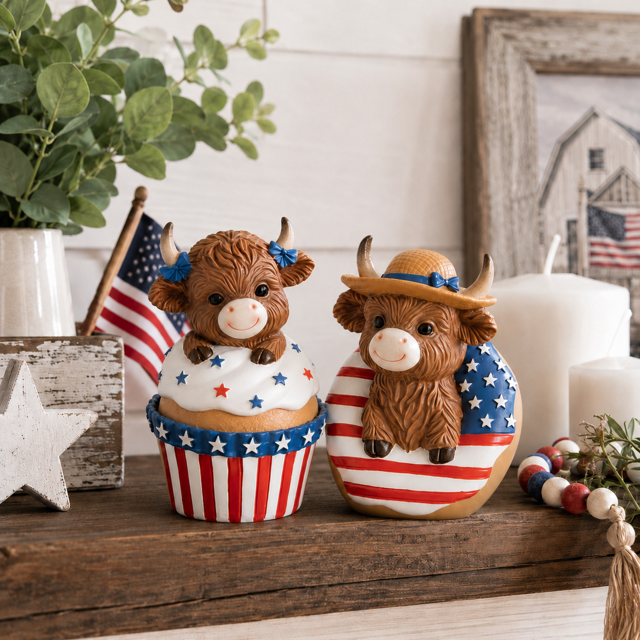 Patriotic Highland Cow Tabletop Figurines