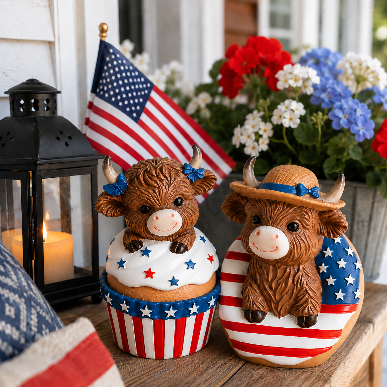 Patriotic Highland Cow Tabletop Figurines