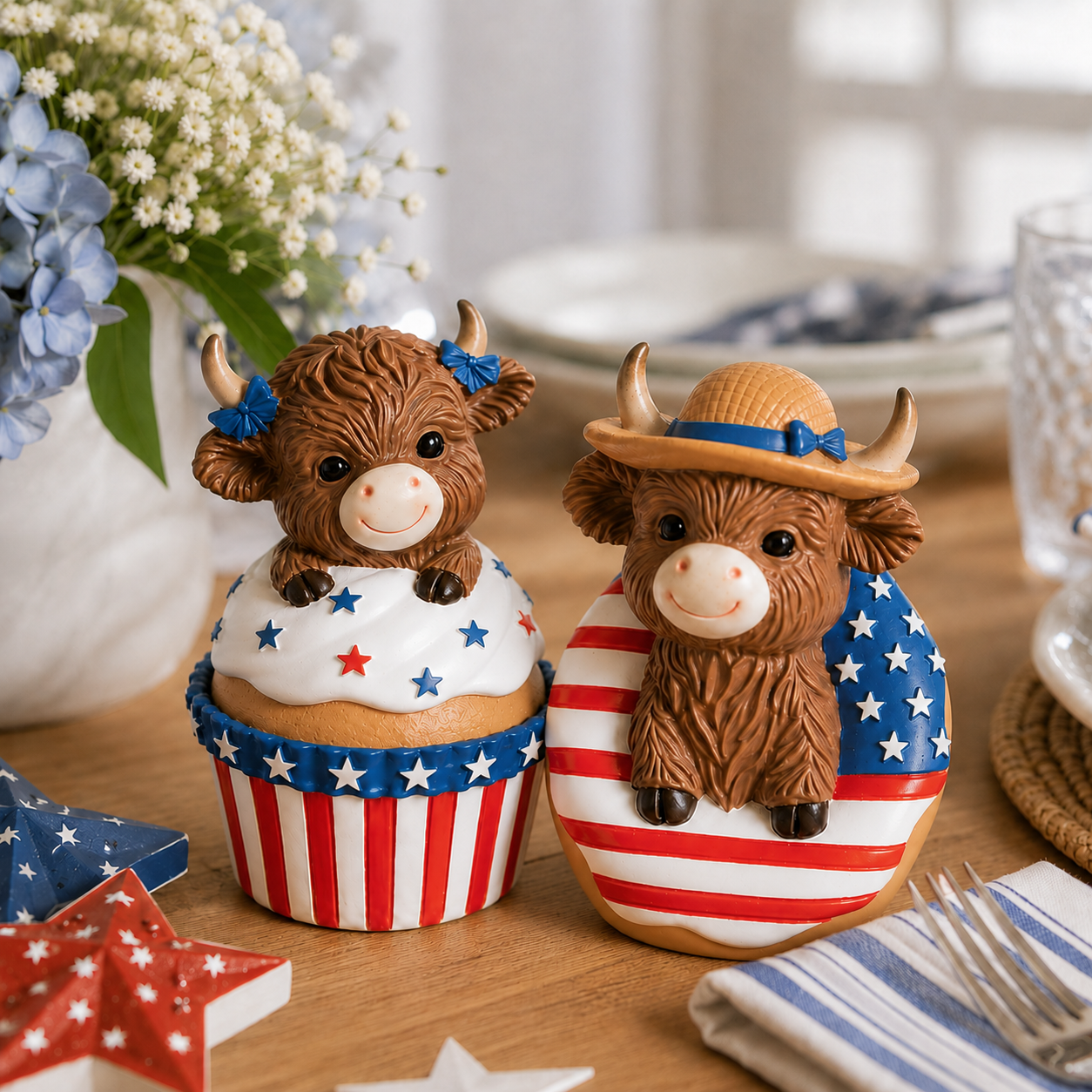 Patriotic Highland Cow Tabletop Figurines
