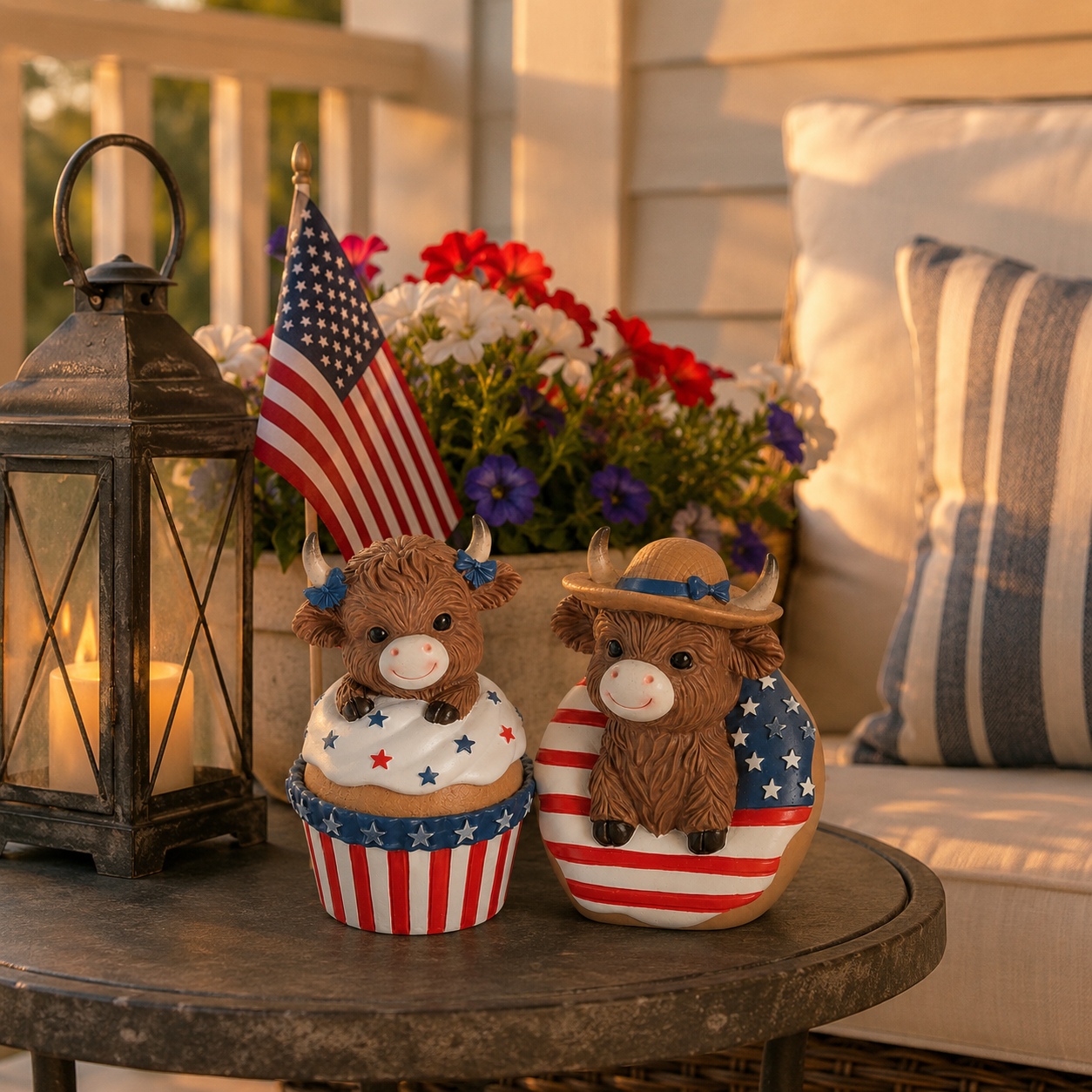 Patriotic Highland Cow Tabletop Figurines