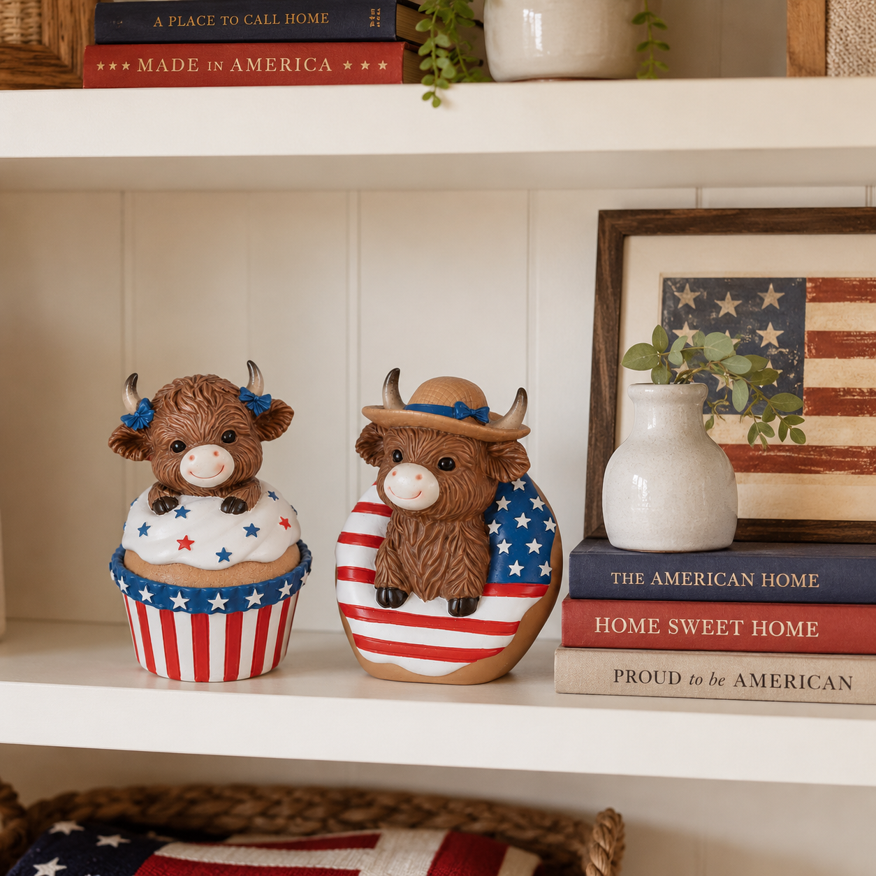 Patriotic Highland Cow Tabletop Figurines