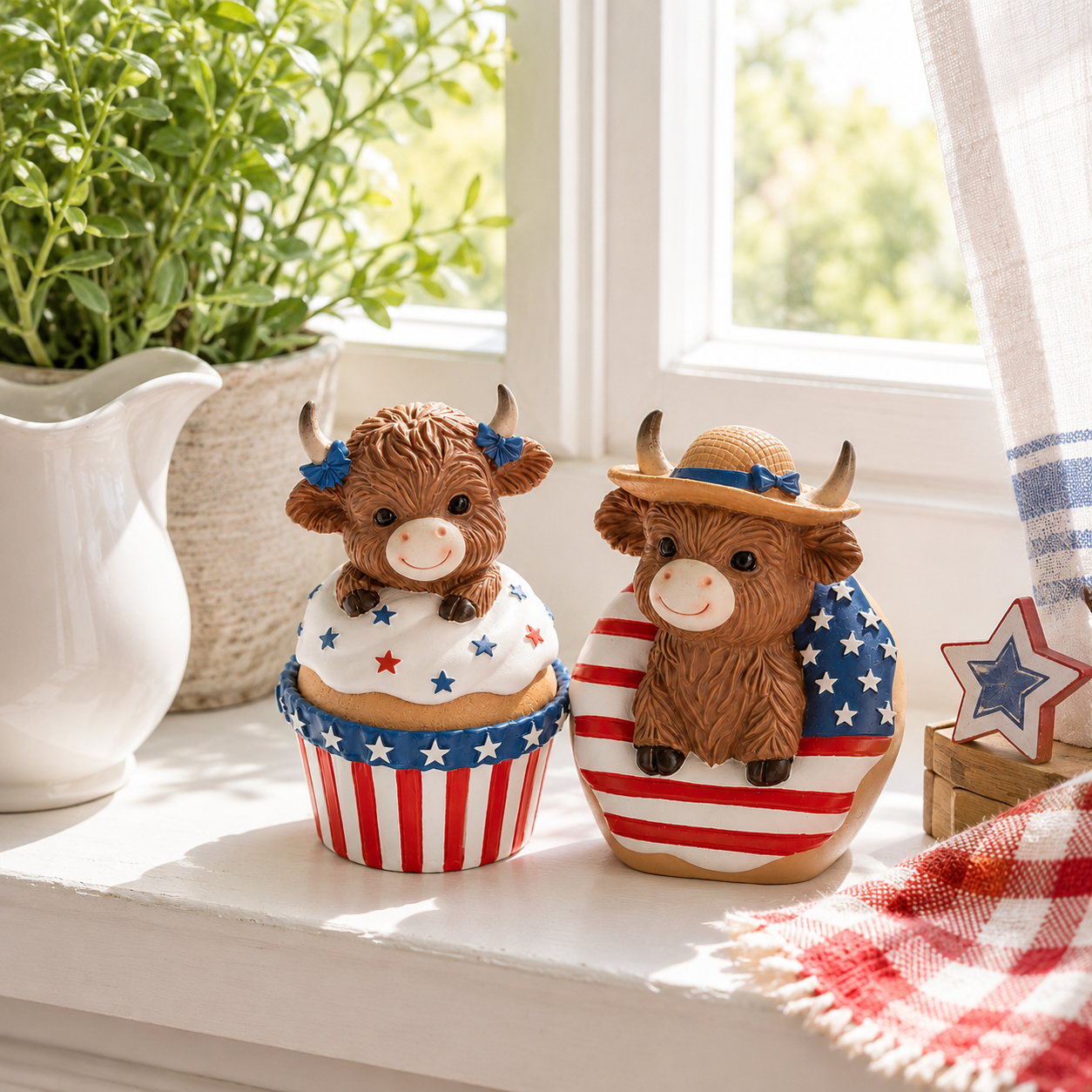 Patriotic Highland Cow Tabletop Figurines