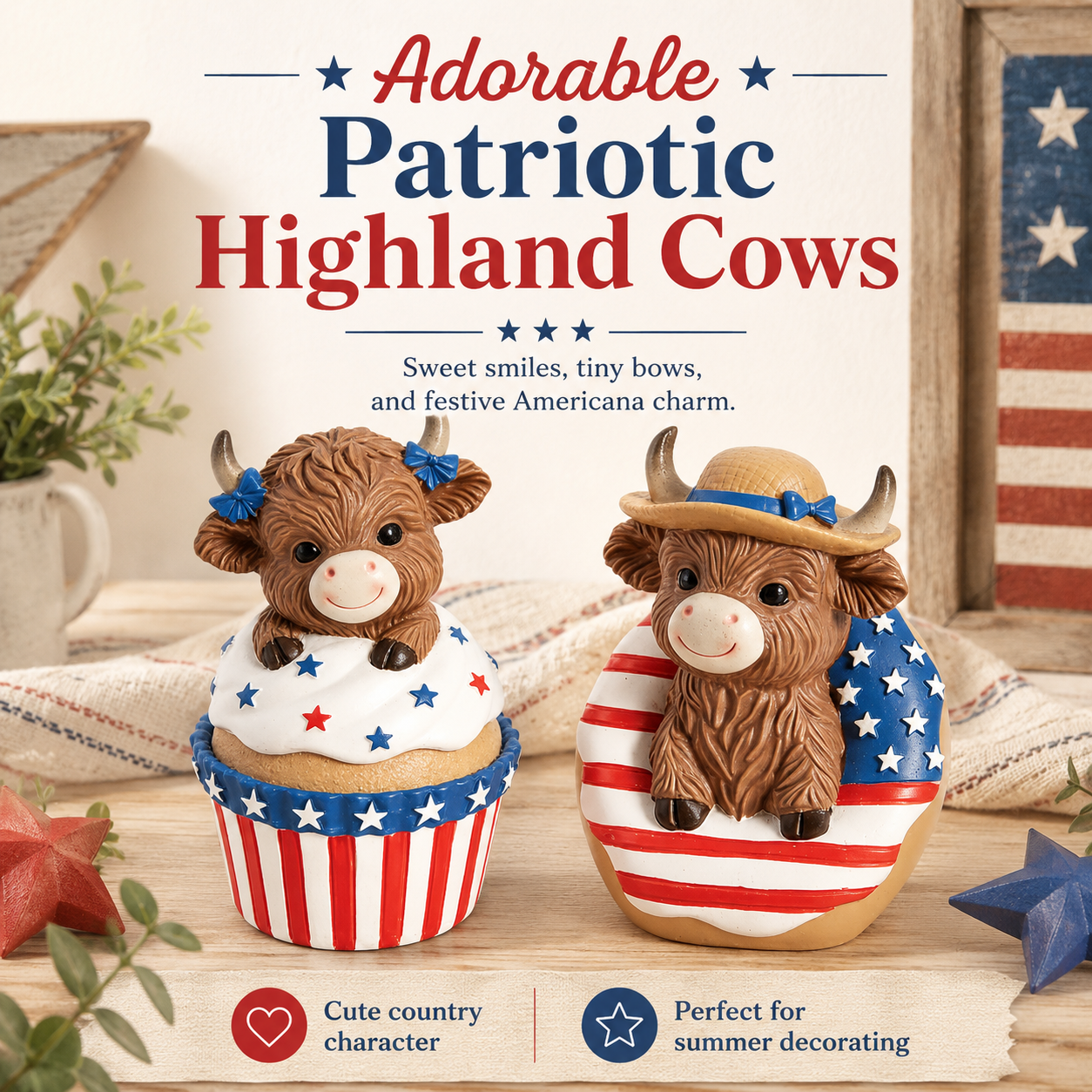 Patriotic Highland Cow Tabletop Figurines