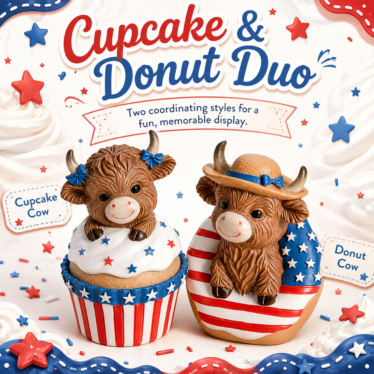 Patriotic Highland Cow Tabletop Figurines