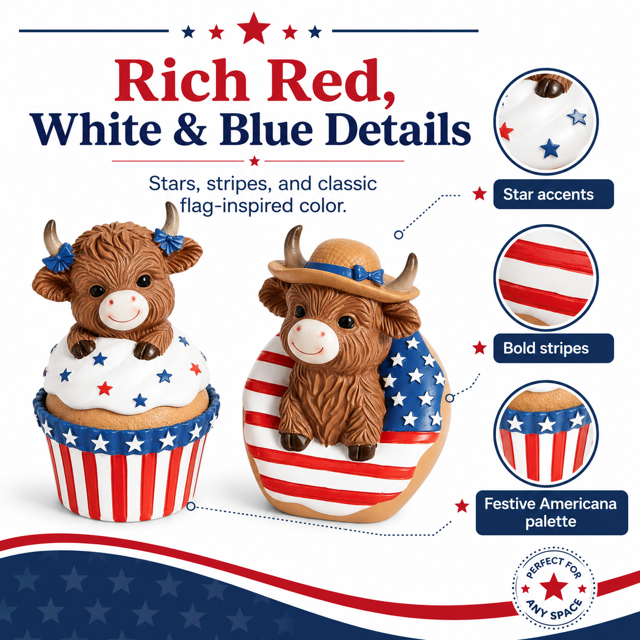 Patriotic Highland Cow Tabletop Figurines