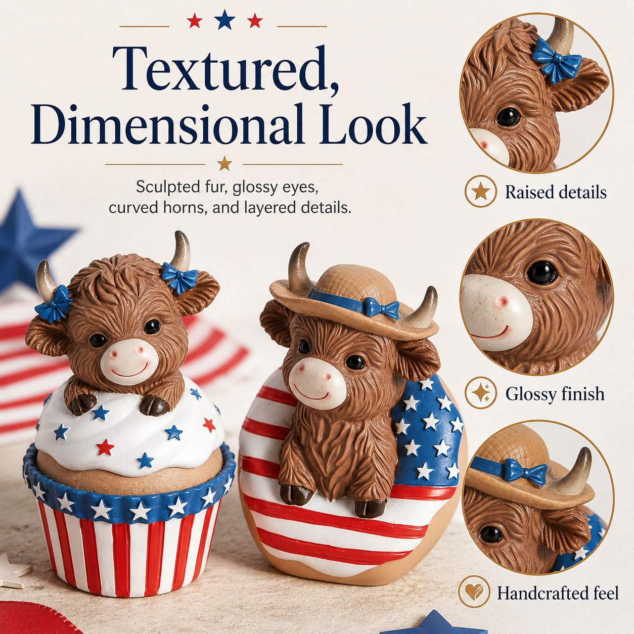 Patriotic Highland Cow Tabletop Figurines