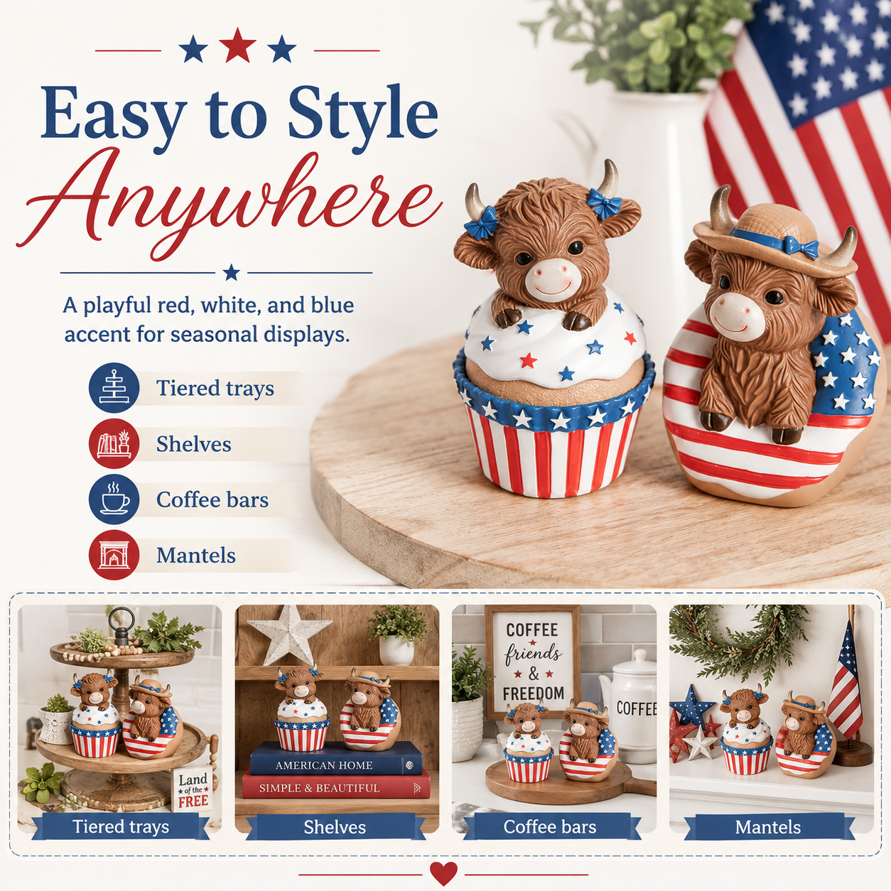 Patriotic Highland Cow Tabletop Figurines