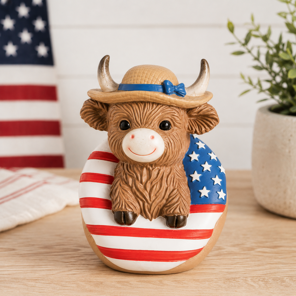Patriotic Highland Cow Tabletop Figurines