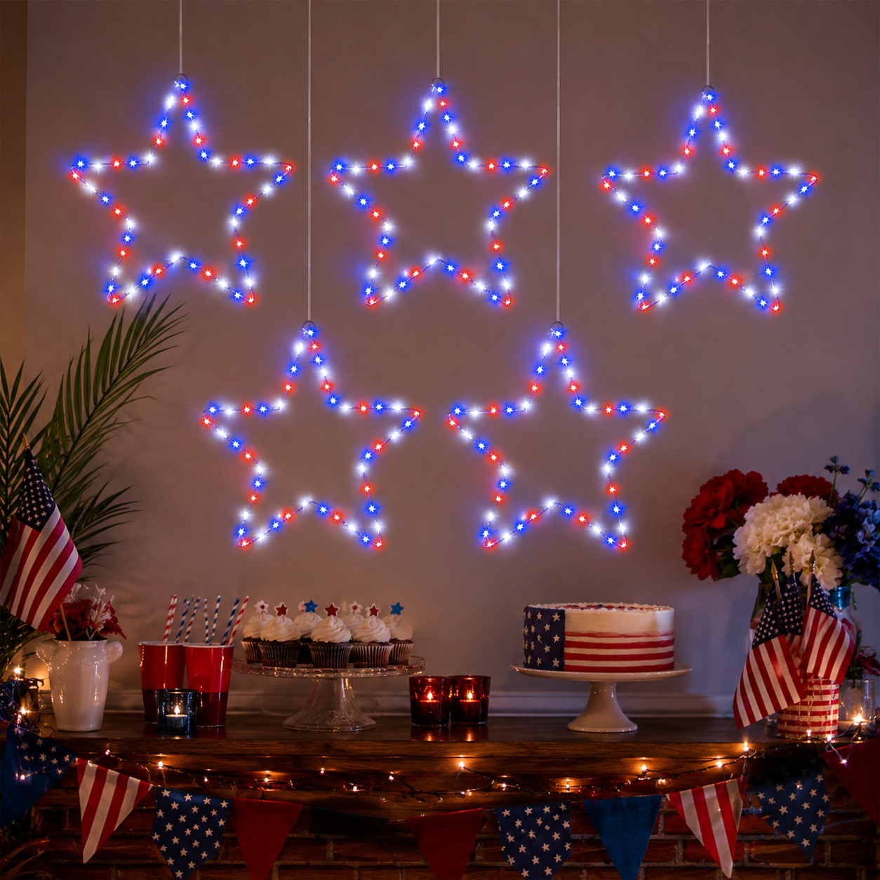 Patriotic Metal Star Hanging Lights with Remote