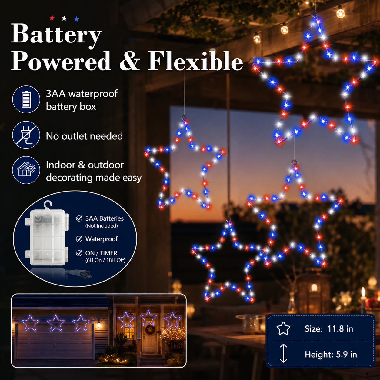 Patriotic Metal Star Hanging Lights with Remote
