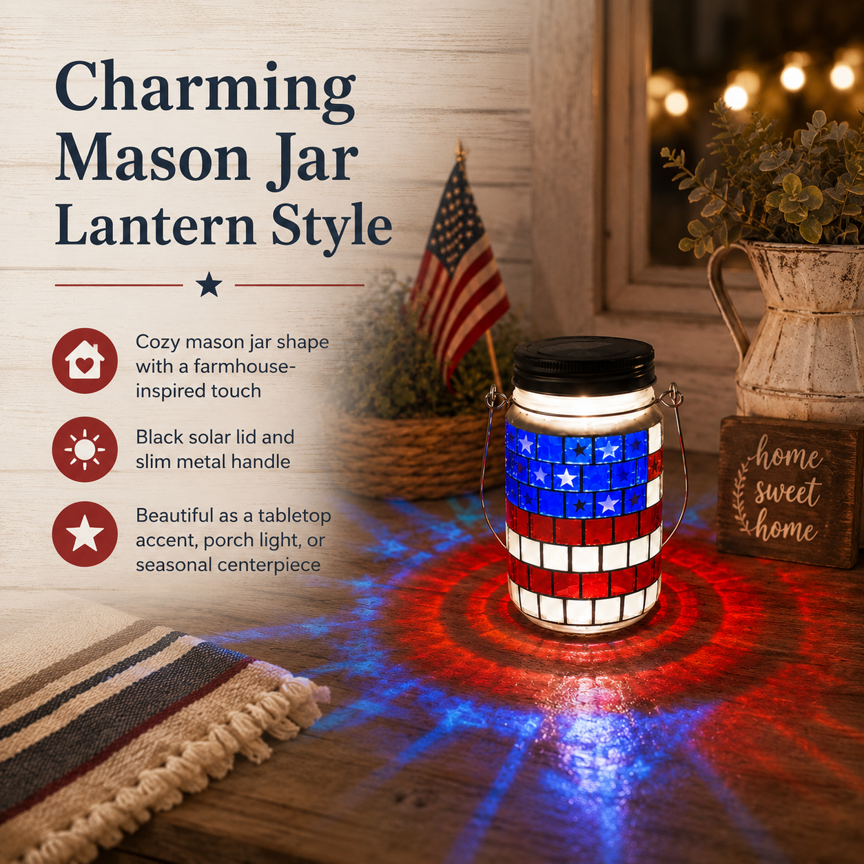 4th of July Solar Patriotic Mason Jar Lantern