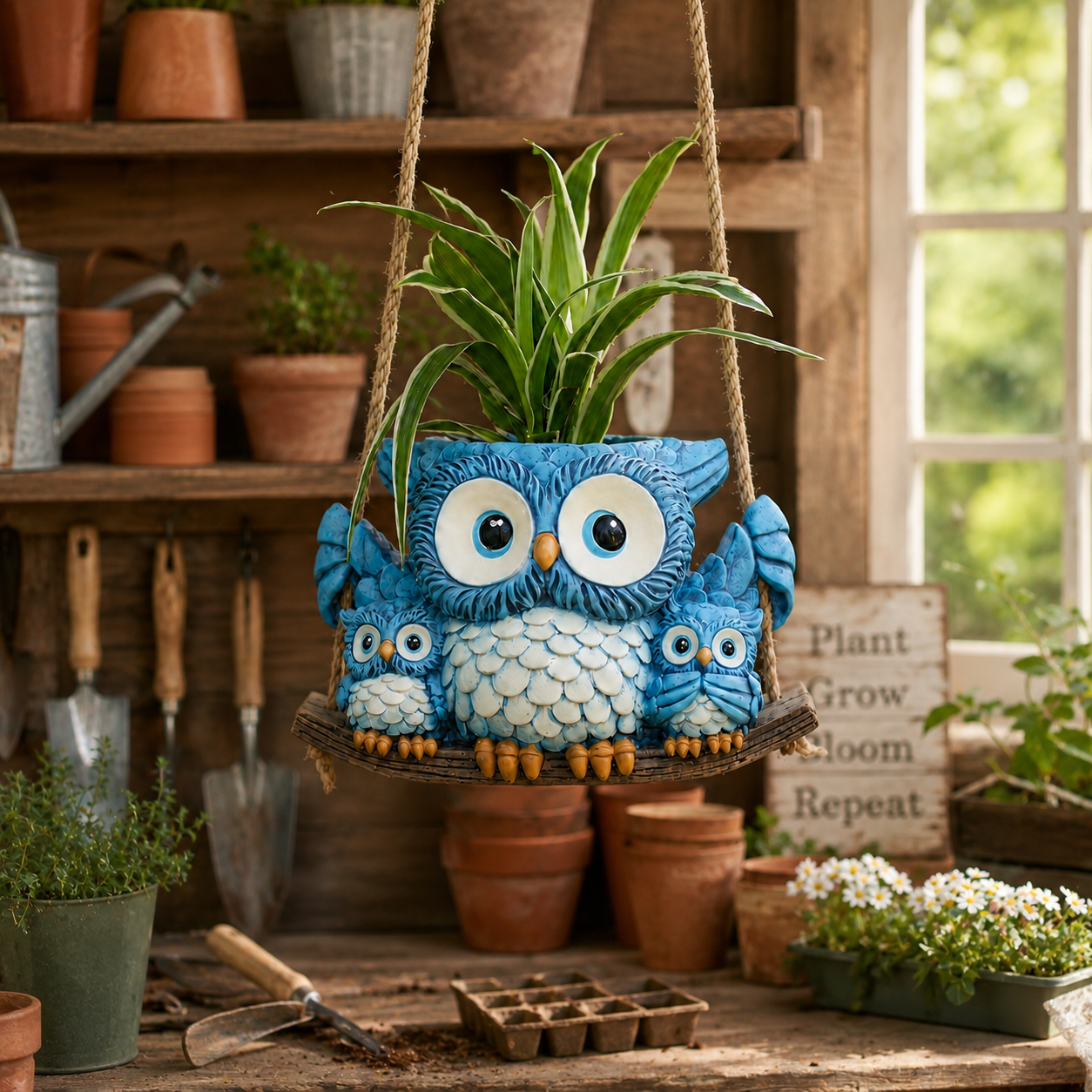 Owl Family Hanging Planter