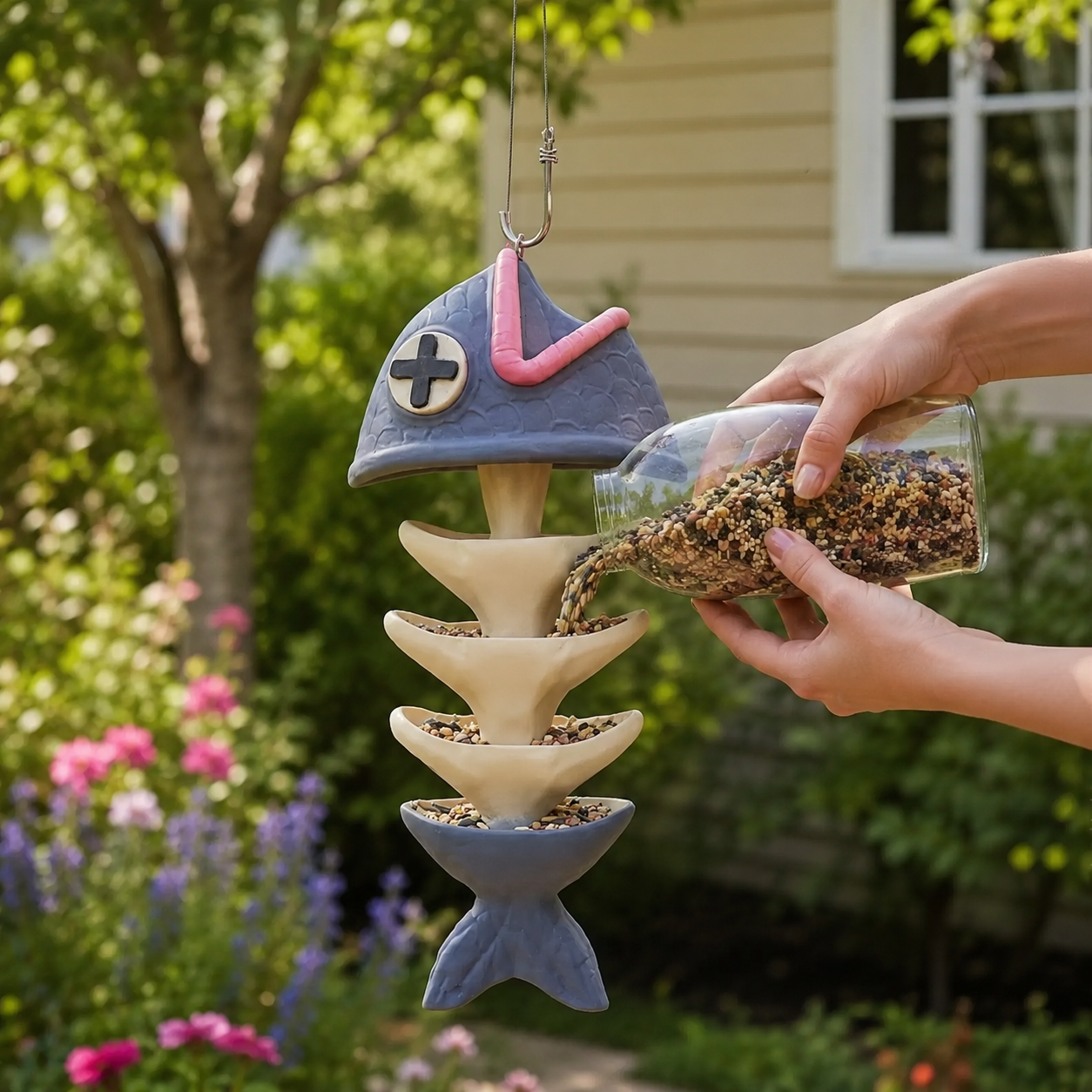 Whimsical Fishbone Hanging Bird Feeder