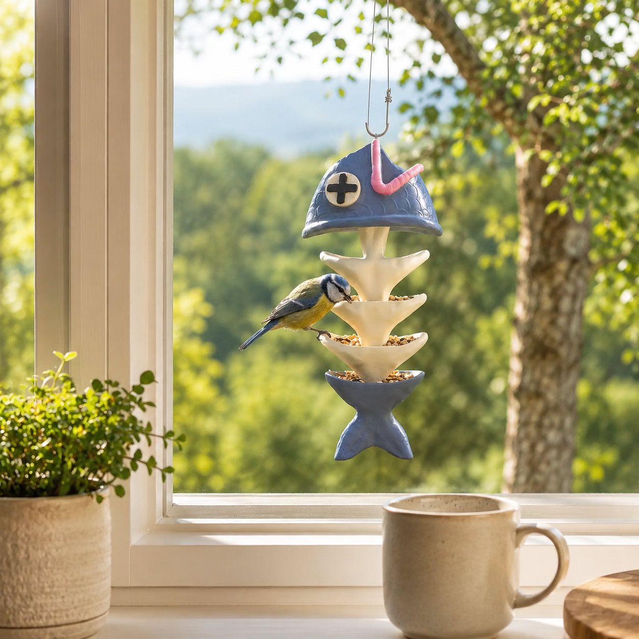 Whimsical Fishbone Hanging Bird Feeder